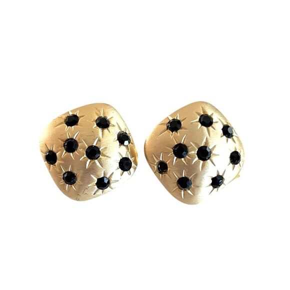 Vintage Matte Gold Black Studded Clip Earrings - Picture 1 of 3
